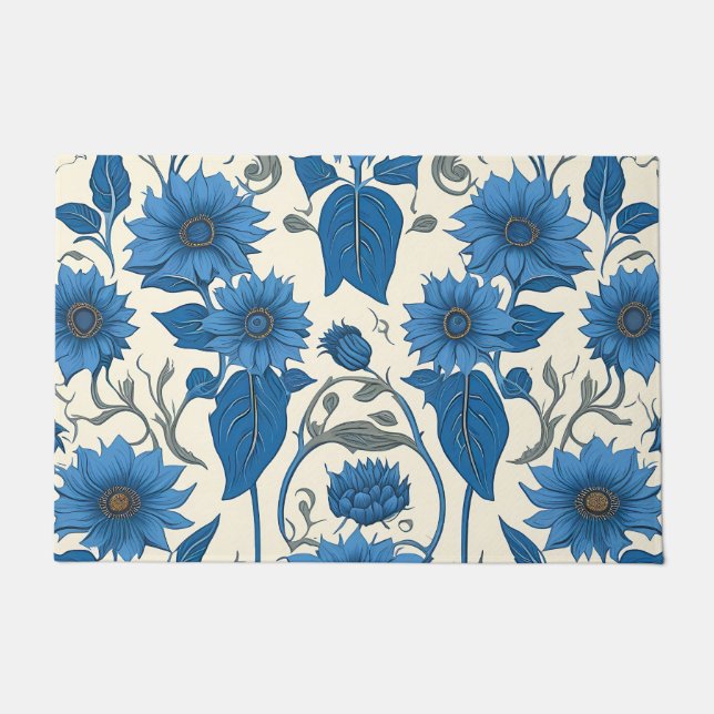 Blue sunflowers and leaves doormat (Front)