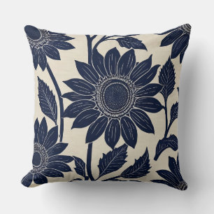 Blue Sunflowers - Block print-style Cushion