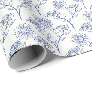 Blue Sunflowers outline drawing in ink Wrapping Paper