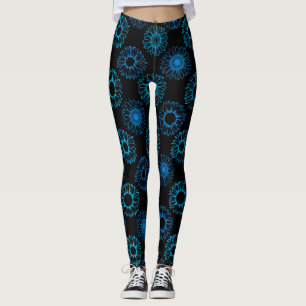 Blue Sunflowers Pattern Black BG Leggings
