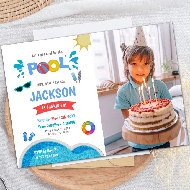 Blue sunglass Pool Birthday Invitations w photo (Blue sunglass Pool Birthday Invitations w photo)