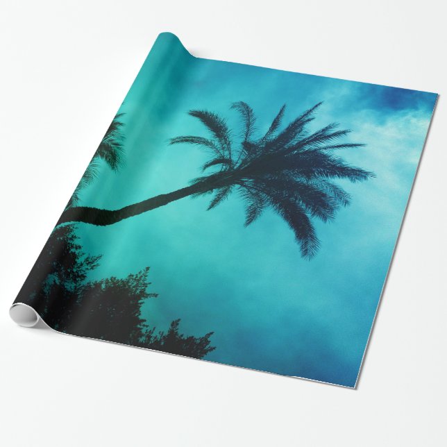 Blue Sunset Hawaiian Exotic Palm Trees & Beach Wrapping Paper (Unrolled)