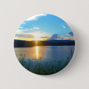 Blue sunset on lake 6 cm round badge