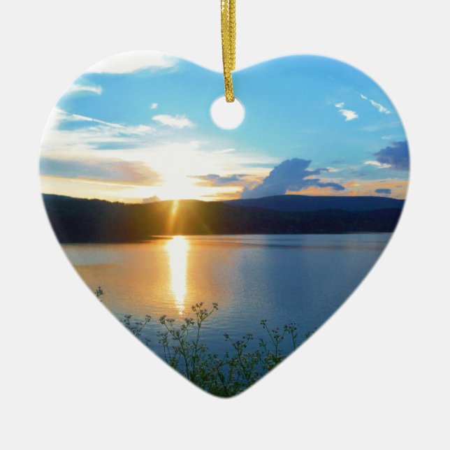 Blue sunset on lake ceramic tree decoration (Front)