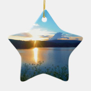 Blue sunset on lake ceramic tree decoration