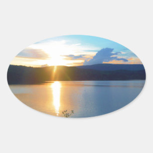 Blue sunset on lake oval sticker