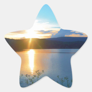 Blue sunset on lake star sticker