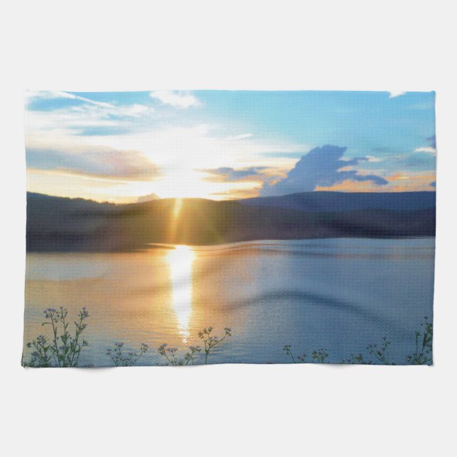 Blue sunset on lake tea towel (Horizontal)