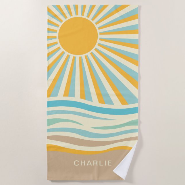Blue Sunset Waves Beach Towel (Front)