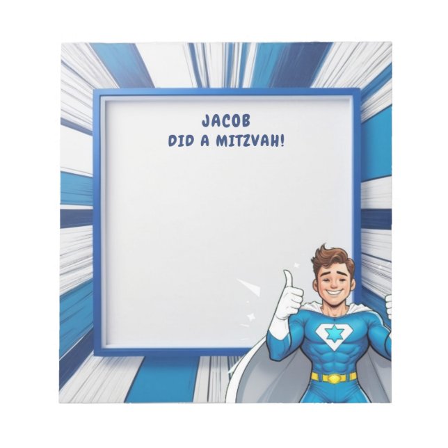 Blue Superhero Personalised Mitzvah Note Pad (Front)