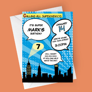 Blue Superheros Comic Book Styled Birthday Party Invitation