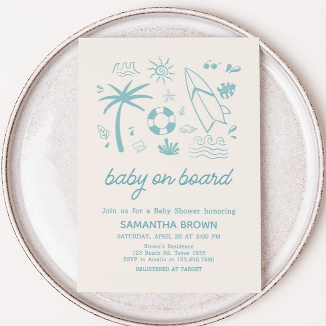 Blue Surf Baby on Board Baby Shower Invitation (Blue Baby on Board Baby Shower Invitation)