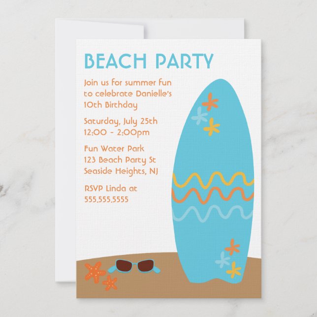 Blue Surfboard Summer Themed Party Invitation (Front)