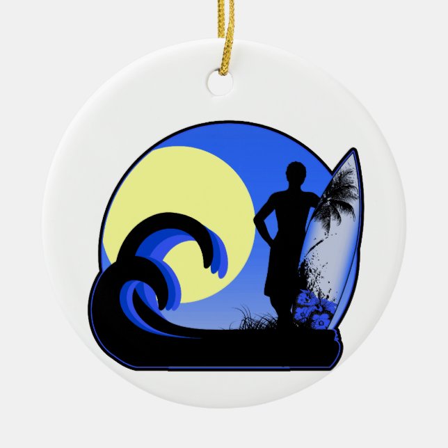 Blue surfer at sunset ceramic tree decoration (Front)