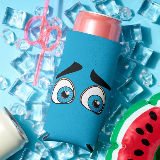 Blue Surprised Eyes Funny Can Cooler Customisable (In Situ Summer)