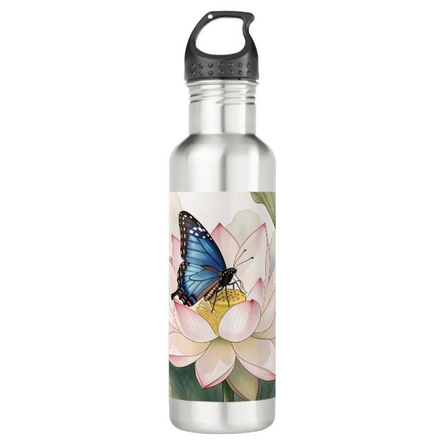  Blue Swallowtail Butterfly With Lotus Flower Art 710 Ml Water Bottle (Front)