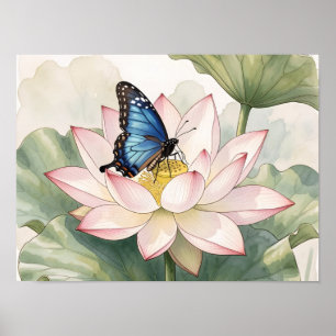  Blue Swallowtail Butterfly With Lotus Flower Art Poster