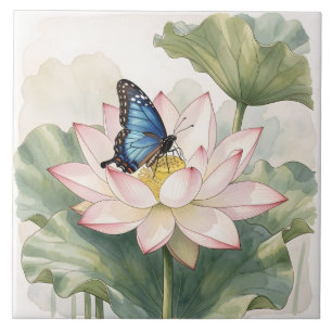 Blue Swallowtail Butterfly With Lotus Flower Art Tile