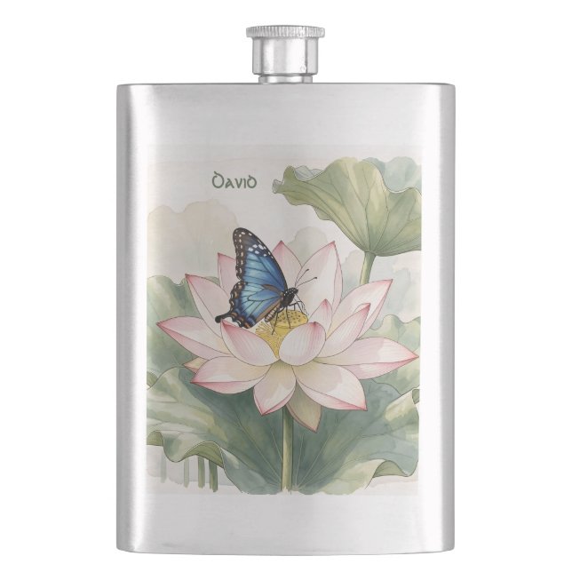 Blue Swallowtail Butterfly With Lotus Flower Name Hip Flask (Front)