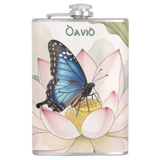Blue Swallowtail Butterfly With Lotus Flower Name Hip Flask