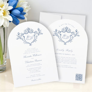 Blue Swan Crest Toile Wedding All in One  Invitation