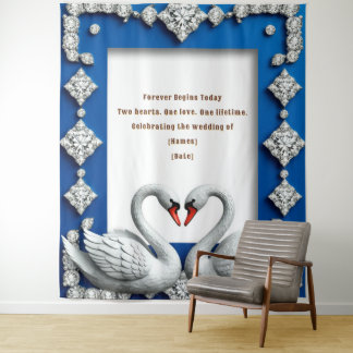 Blue Swan Heart Frame Wedding Theme Tapestry