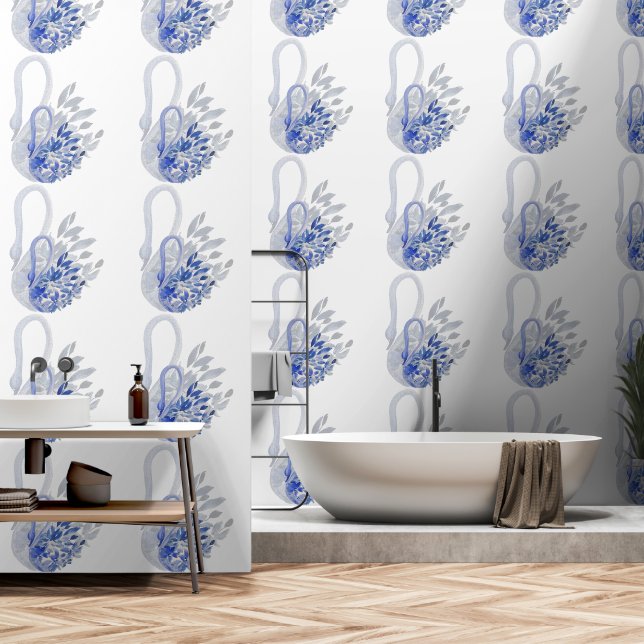 Blue Swan Watercolor Art Wallpaper (Bathroom)