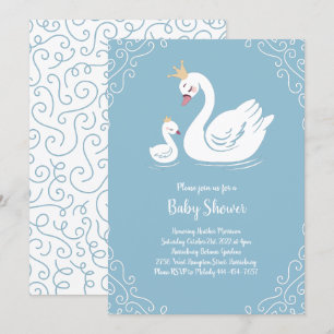 Blue Swans Baby Shower Bird with Crown Invitation