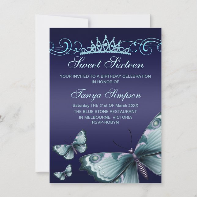 Blue Sweet16 Butterfly & Tiara Birthday Invite (Front)