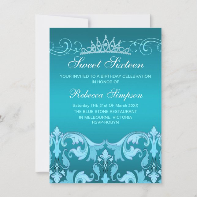 Blue Sweet16 Damask & Tiara Birthday Invite (Front)