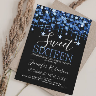 Blue Sweet 16 Birthday Sparkly String Lights Invitation