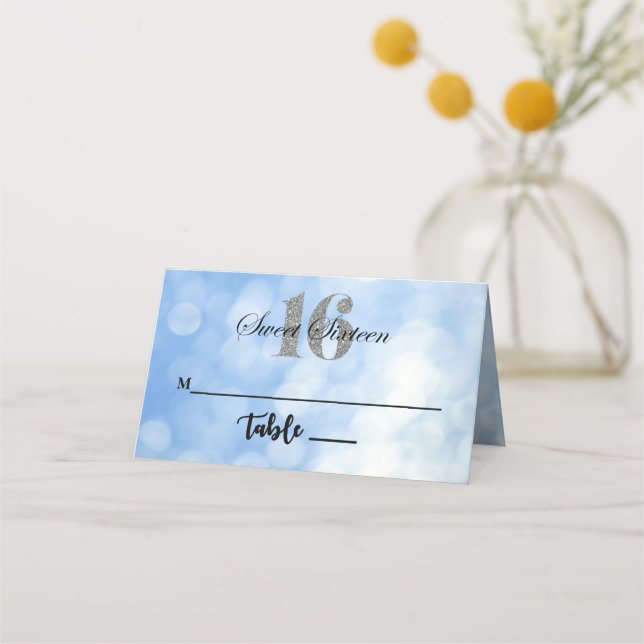 Blue Sweet 16 Glitter Lights Custom Place Card (Front)