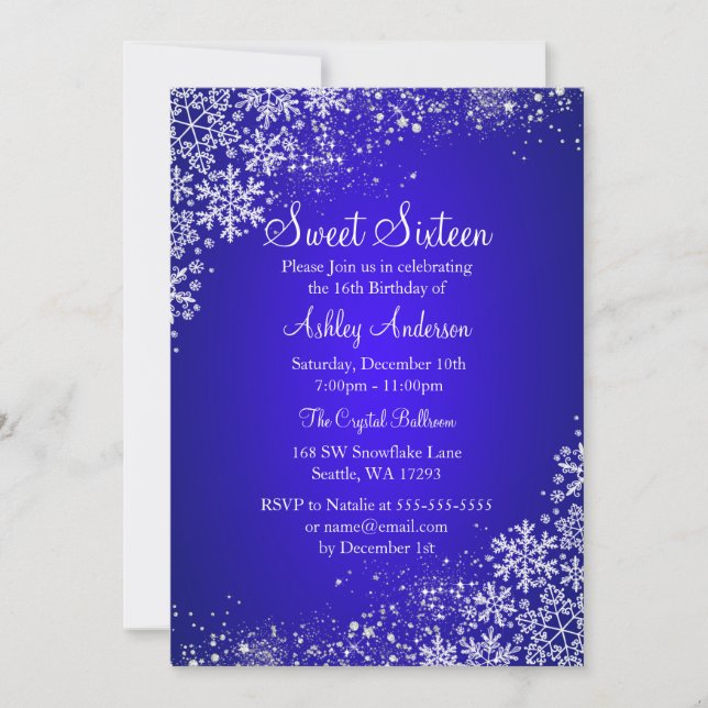 Blue Sweet 16 Winter Wonderland Sparkle Snowflakes Invitation (Front)
