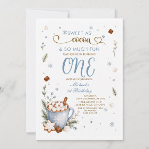 Blue Sweet As Cocoa Winter 1st Birthday Snowflakes Invitation
