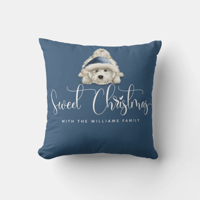 Blue, Sweet Christmas  Cute Festive Westie Puppy Cushion (Front)