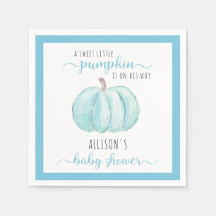 Blue Sweet Little Pumpkin Watercolor Baby Shower Napkin