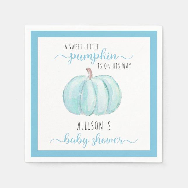 Blue Sweet Little Pumpkin Watercolor Baby Shower Napkin (Front)