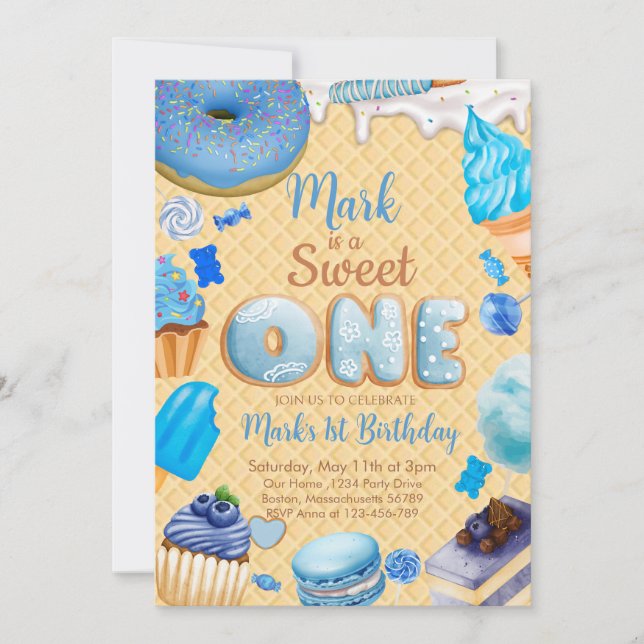 Blue Sweet One 1st Birthday Boy  Invitation (Front)