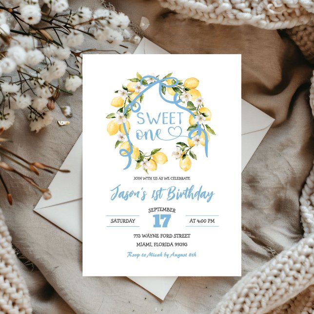Blue Sweet One Boy First Birthday Invitation (Creator Uploaded)