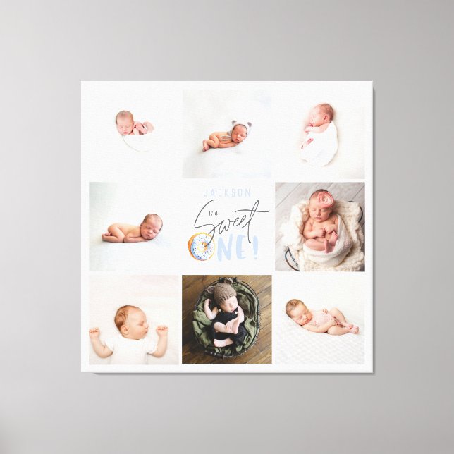 blue sweet one doughnut 1st birthday multi photo  canvas print (Front)