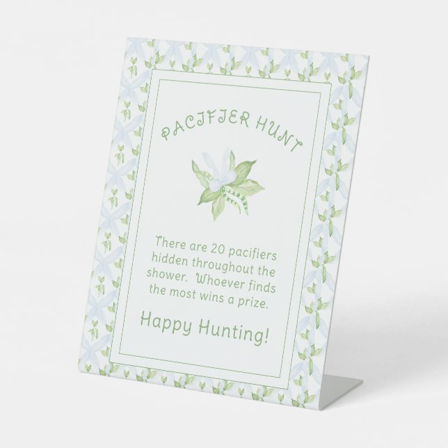 Blue Sweet Pea Boy Pacifier Hunt Baby Shower Pedestal Sign (Front)