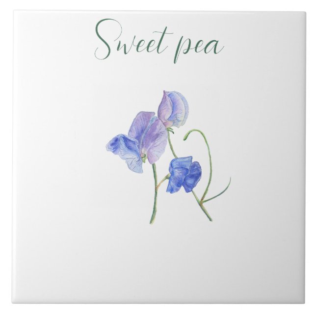 Blue sweet pea flower botanical watercolor tile (Front)