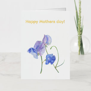 blue sweet pea flower watercolor Happy Mothers day Foil Greeting Card