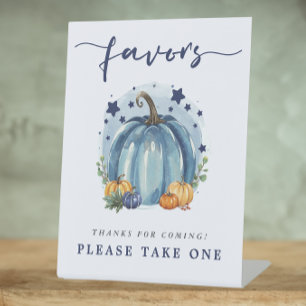 Blue Sweet Pumpkin Baby Boy Shower Favours Here Pedestal Sign