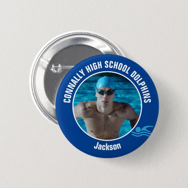 Blue Swim Team Photo High School Swimmer 6 Cm Round Badge (Front & Back)