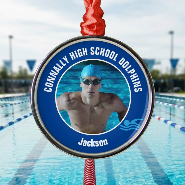 Blue Swim Team Photo Swimmer Christmas Gift Metal Tree Decoration (Creator Uploaded)