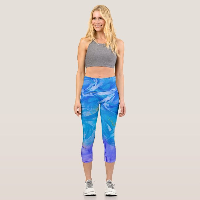 Blue Swirl Alcohol Ink Capri Leggings (Front)