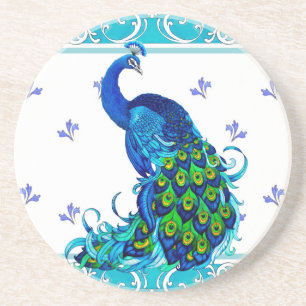 Blue swirl Border and Peacock Design Coaster