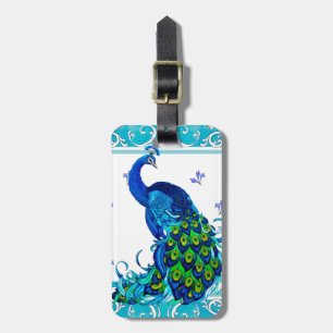 Blue swirl Border and Peacock Design Luggage Tag