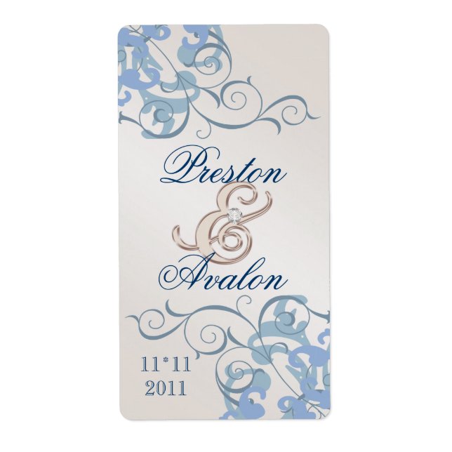 Blue Swirl Champagne Jewelled Blue Wine Label (Front)